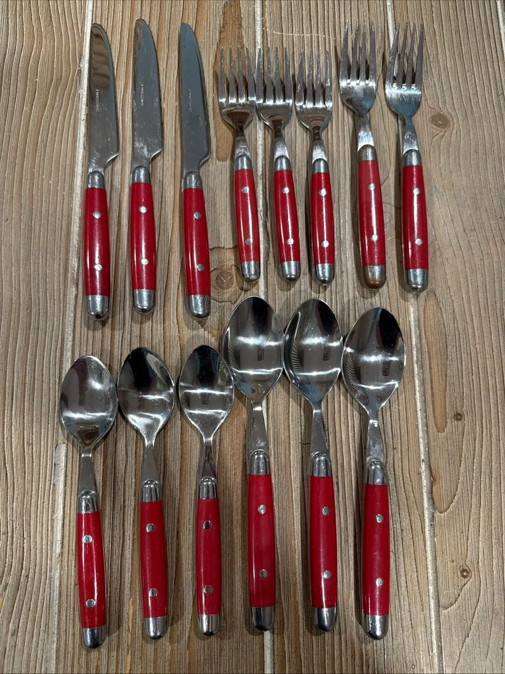 Vintage MCM Red Riveted Flatware 14 Pc Lot Stainless China X Knives Forks Spoons